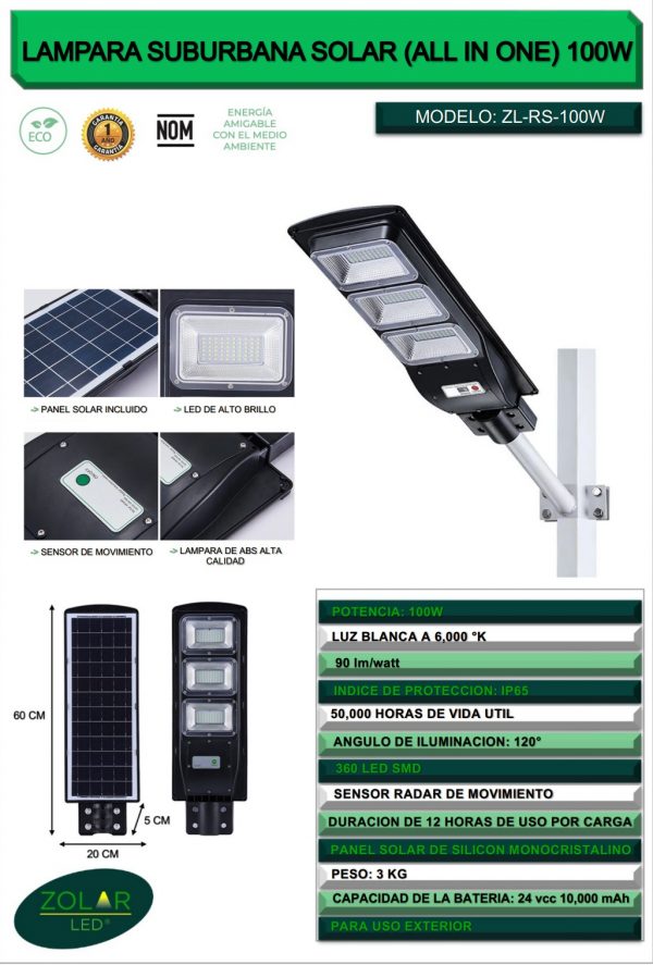 Lámpara Suburbana Solar ZL-RS-100W (incluye Tubo) - Imagen 4