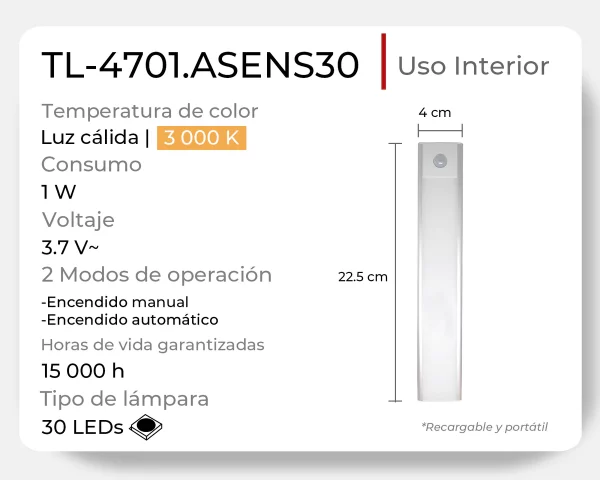 Luz de Closet LED con Sensor de movimiento, recargable USB, para gabinete, alacena. TL-4701.ASENS30 - Imagen 6